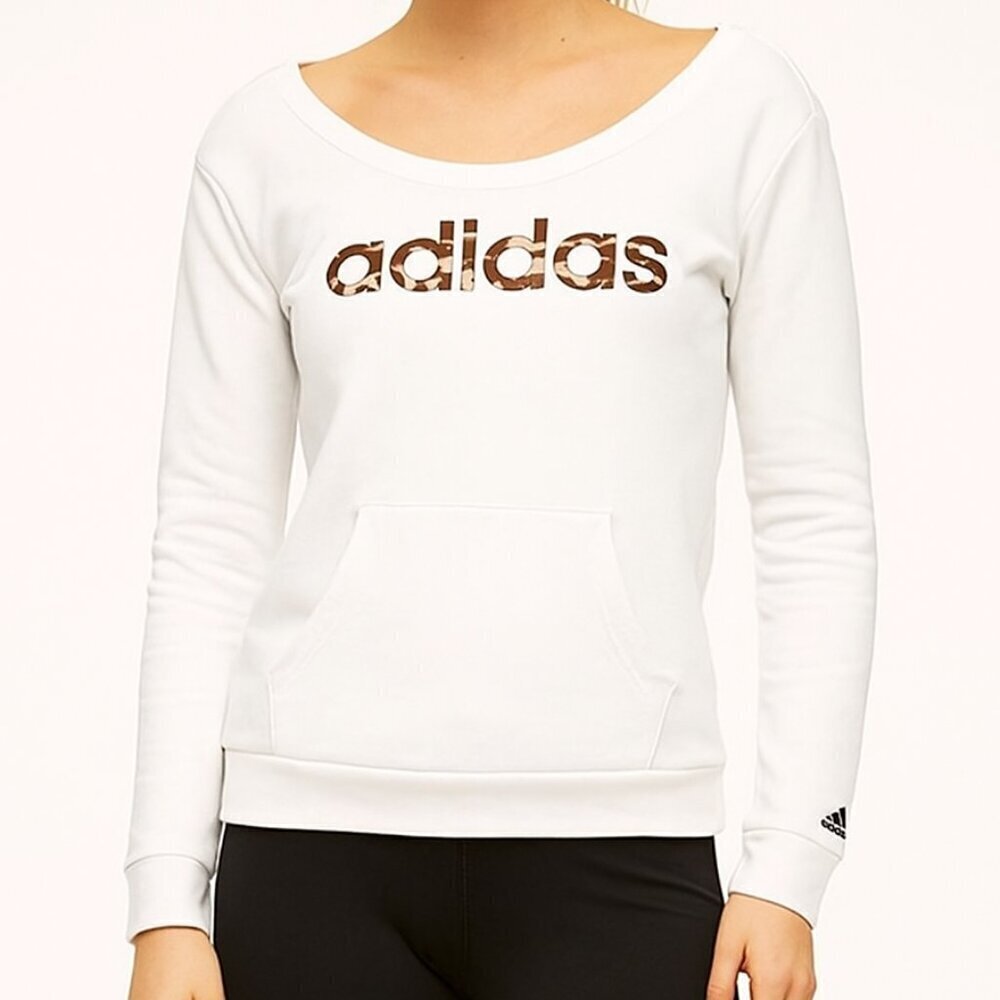 Adidas White Leopard Print Logo Fleece Pullover Sweatshirt – Women’s Size S